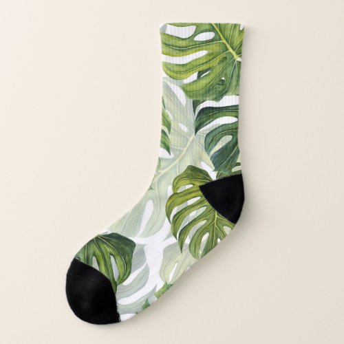 Green Monstera Tropical Watercolor Socks