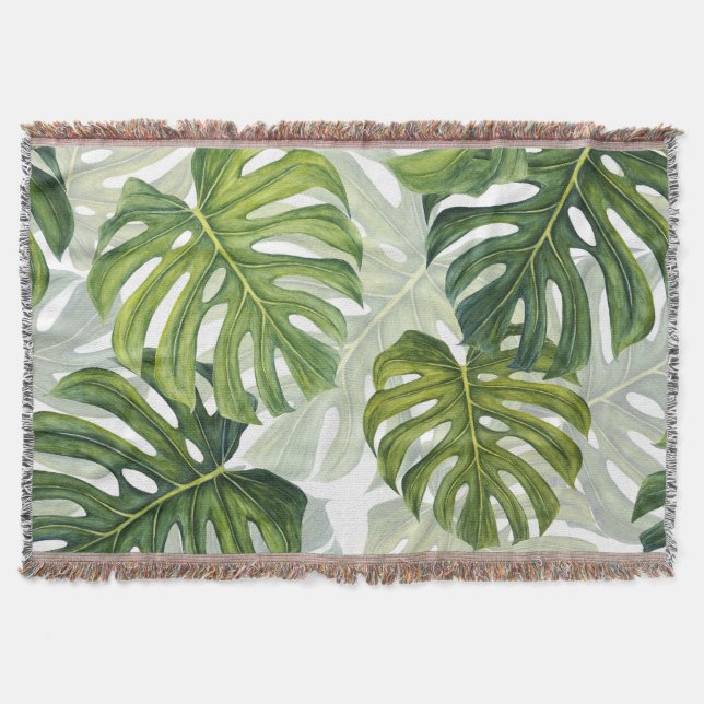Green Monstera Tropical Watercolor Throw Blanket (Front)