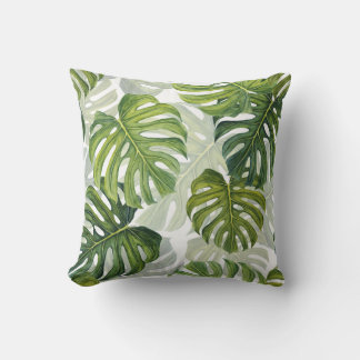 Green Monstera Tropical Watercolor Throw Pillow