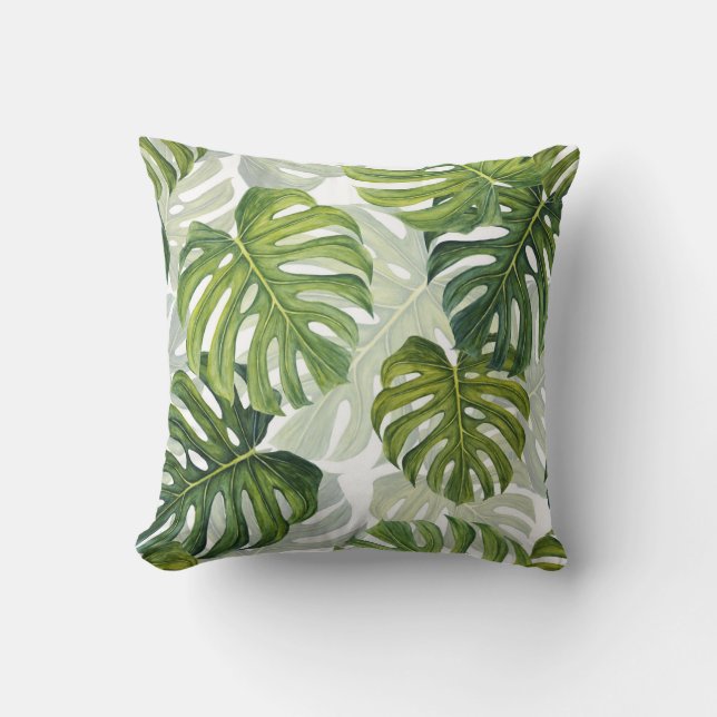 Green Monstera Tropical Watercolor Throw Pillow (Front)