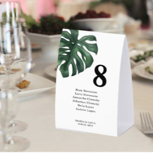 Green Monstera Wedding Table Number Paper Table Tent