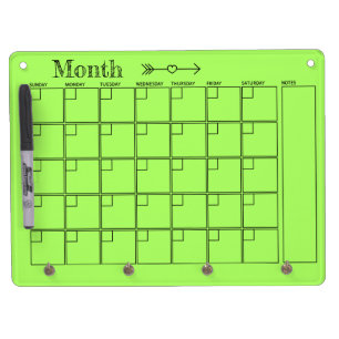 Green Monthly Calendar Dry Erase Board With Keychain Holder