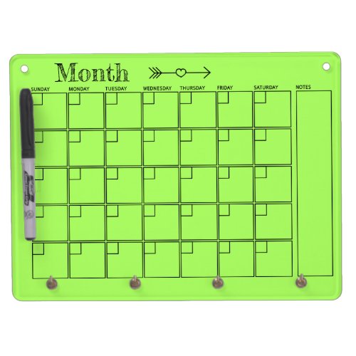 Green Monthly Calendar Dry Erase Board With Keychain Holder