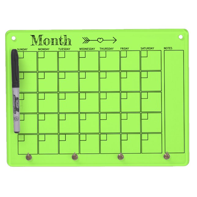 Green Monthly Calendar Dry Erase Board With Keychain Holder (Front)