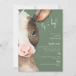 Green Moo-ving in Soon Cow It's a Boy Baby Shower Invitation