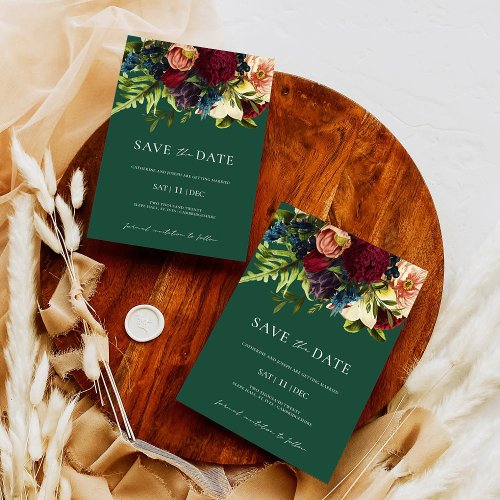 Green Moody Floral Burgundy Wedding Save the Date Invitation