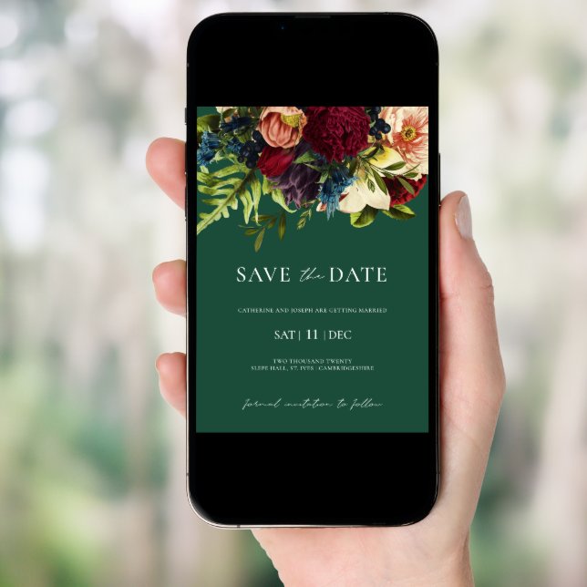 Green Moody Floral Burgundy Wedding Save the Date Invitation (Front Digital)