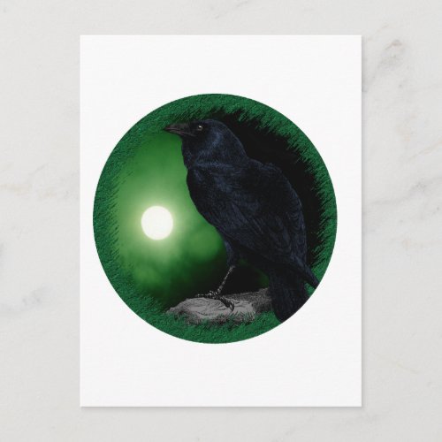 Green Moon Black Raven Goth Halloween Animal Postcard