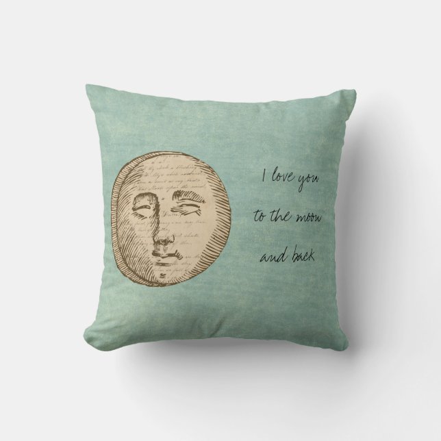 Green Moon Face Love Throw Pillow (Front)