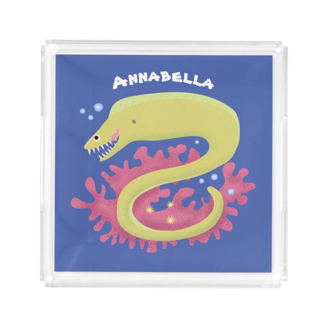 Green moray eel funny cartoon illustration acrylic tray (Front)