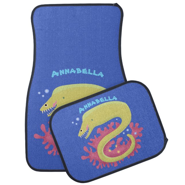 Green moray eel funny cartoon illustration car floor mat (Set)