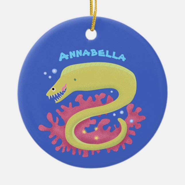 Green moray eel funny cartoon illustration ceramic ornament (Front)