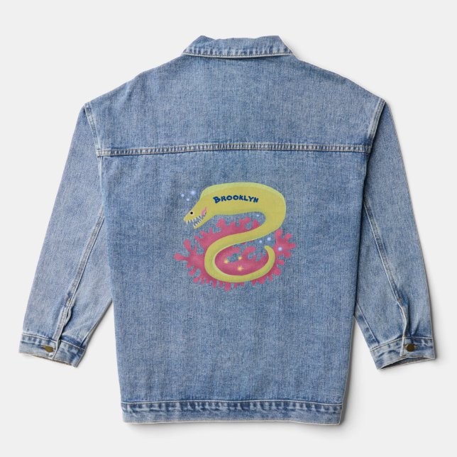 Green moray eel funny cartoon illustration denim jacket (Back)