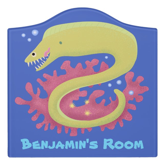 Green moray eel funny cartoon illustration door sign (Large Crest Front)