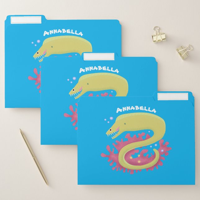 Green moray eel funny cartoon illustration file folder (Set)