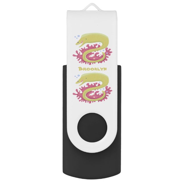 Green moray eel funny cartoon illustration flash drive (Front Vertical)