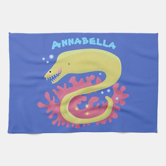 Green moray eel funny cartoon illustration kitchen towel (Horizontal)