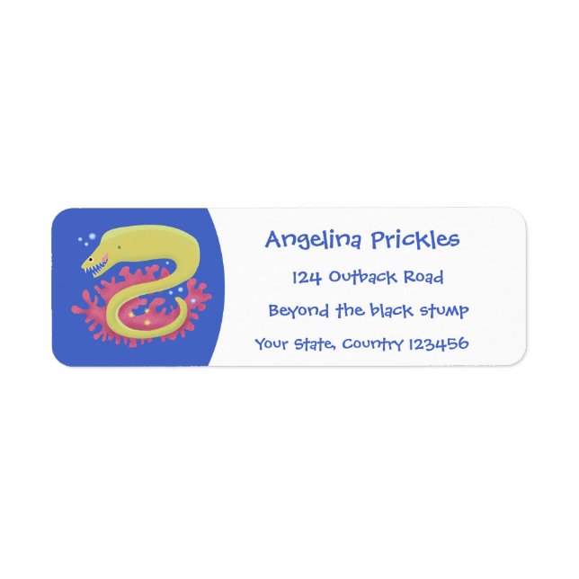 Green moray eel funny cartoon illustration label (Front)