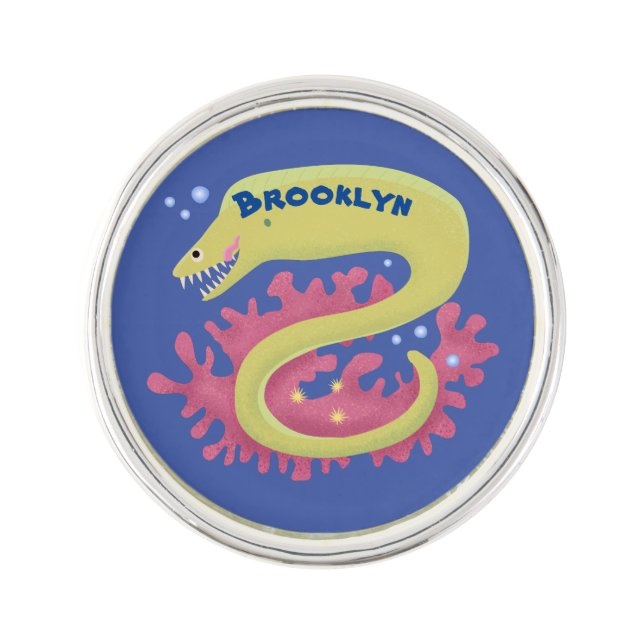 Green moray eel funny cartoon illustration lapel pin (Front)