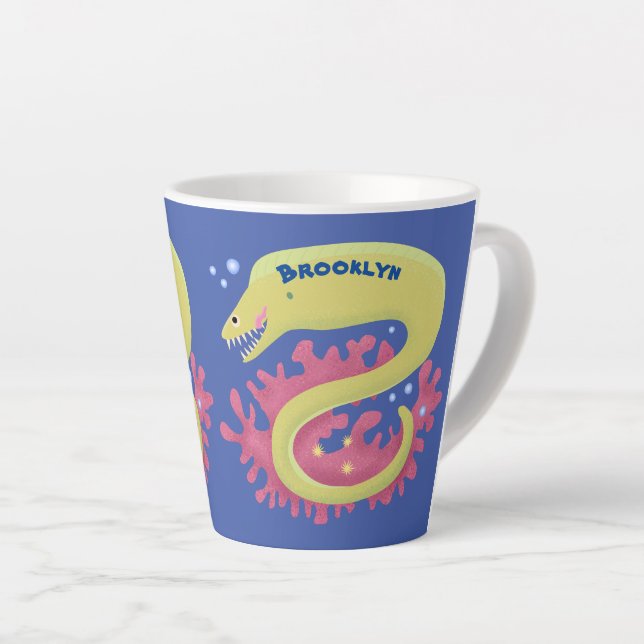 Green moray eel funny cartoon illustration latte mug (Right Angle)