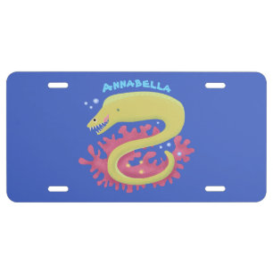 Green moray eel funny cartoon illustration license plate