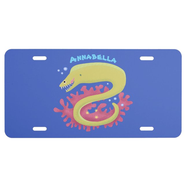 Green moray eel funny cartoon illustration license plate (Front)