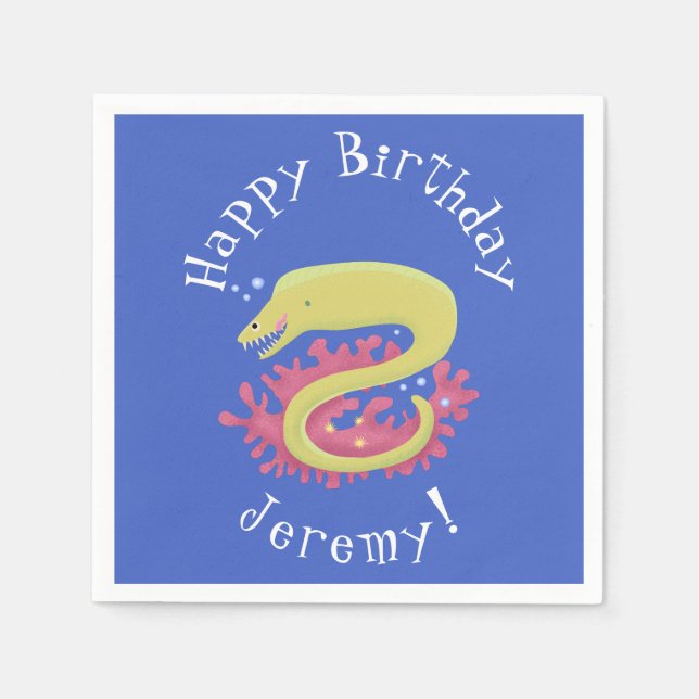 Green moray eel funny cartoon illustration napkins (Front)