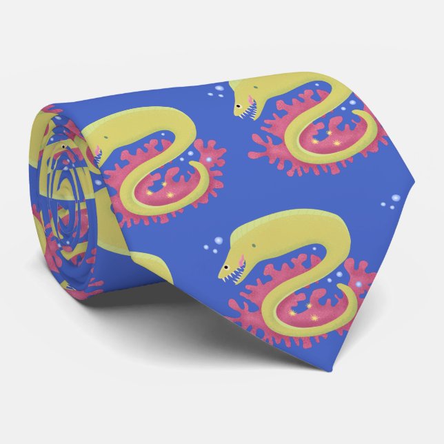 Green moray eel funny cartoon illustration neck tie (Rolled)