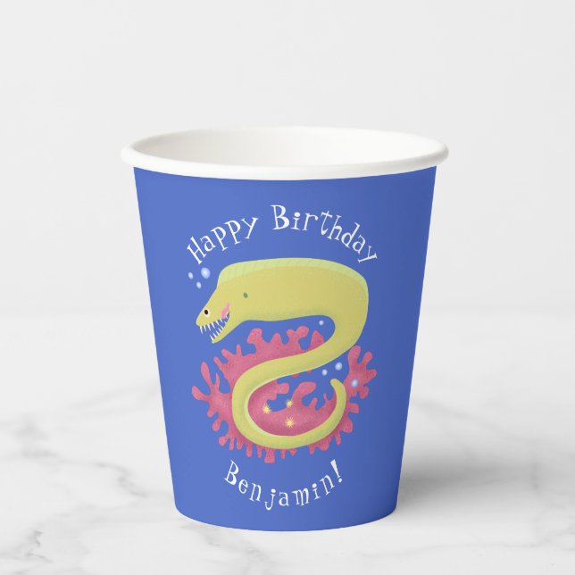 Green moray eel funny cartoon illustration paper cups (Front)