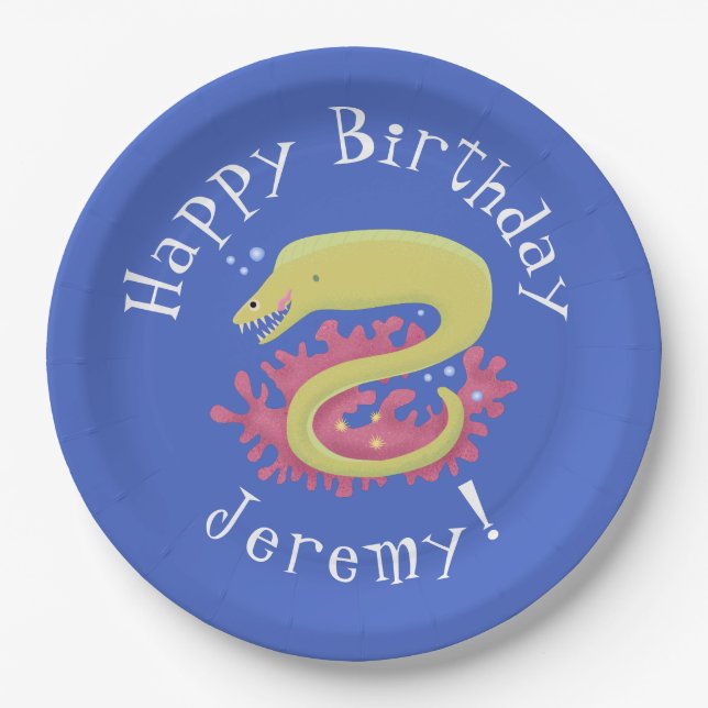 Green moray eel funny cartoon illustration paper plates (Front)
