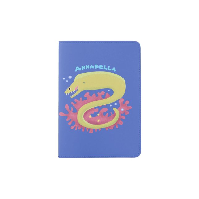 Green moray eel funny cartoon illustration passport holder (Front)