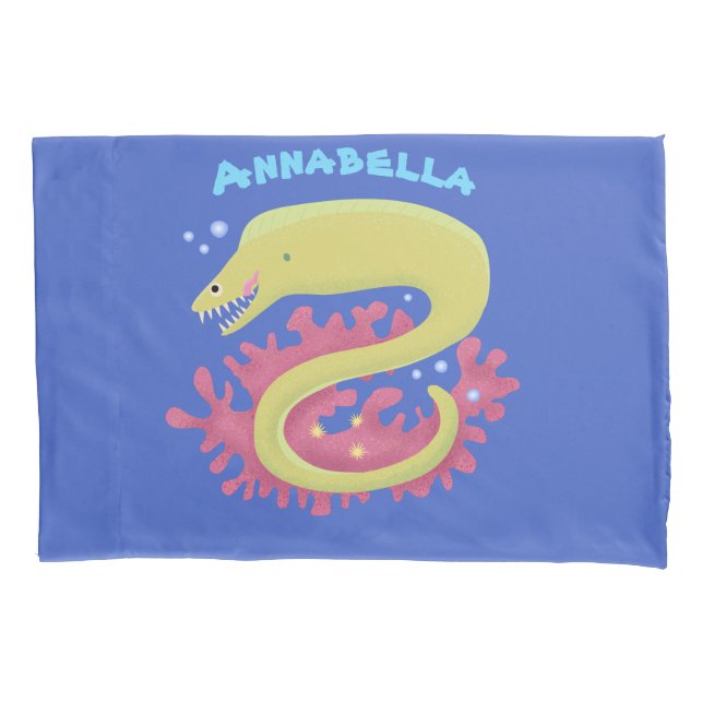 Green moray eel funny cartoon illustration pillow case (Front)