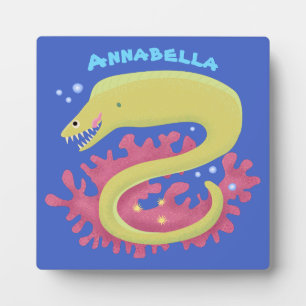 Green moray eel funny cartoon illustration plaque