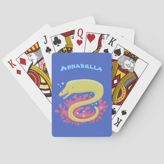 Green moray eel funny cartoon illustration poker cards (Back)