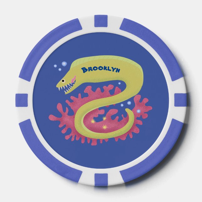 Green moray eel funny cartoon illustration poker chips (Front)