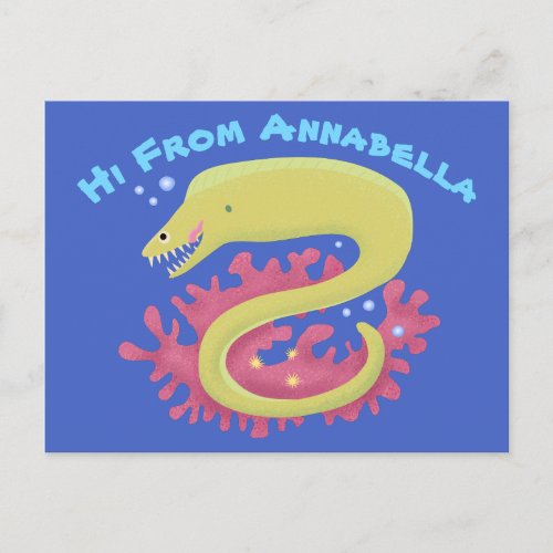 Green moray eel funny cartoon illustration postcard