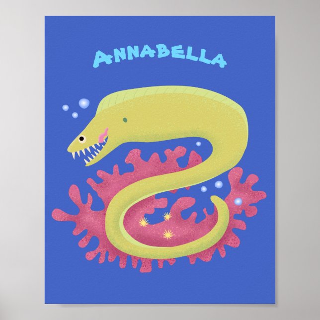 Green moray eel funny cartoon illustration poster (Front)