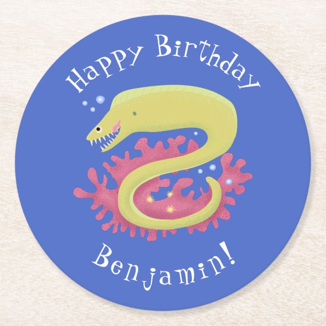 Green moray eel funny cartoon illustration round paper coaster (Front)