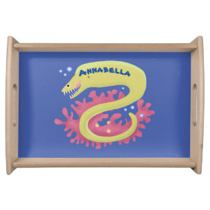 Green moray eel funny cartoon illustration serving tray