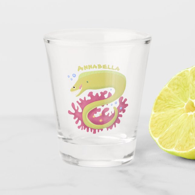 Green moray eel funny cartoon illustration  shot glass (Front)