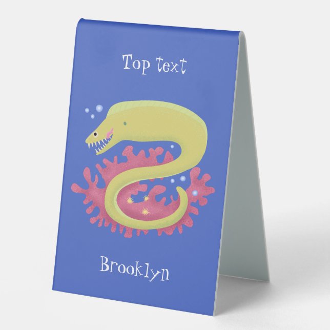Green moray eel funny cartoon illustration table tent (Front)