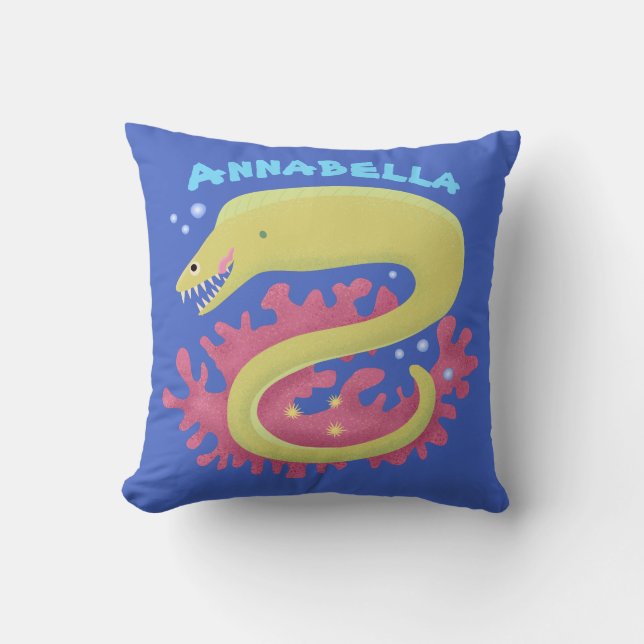 Green moray eel funny cartoon illustration throw pillow (Front)