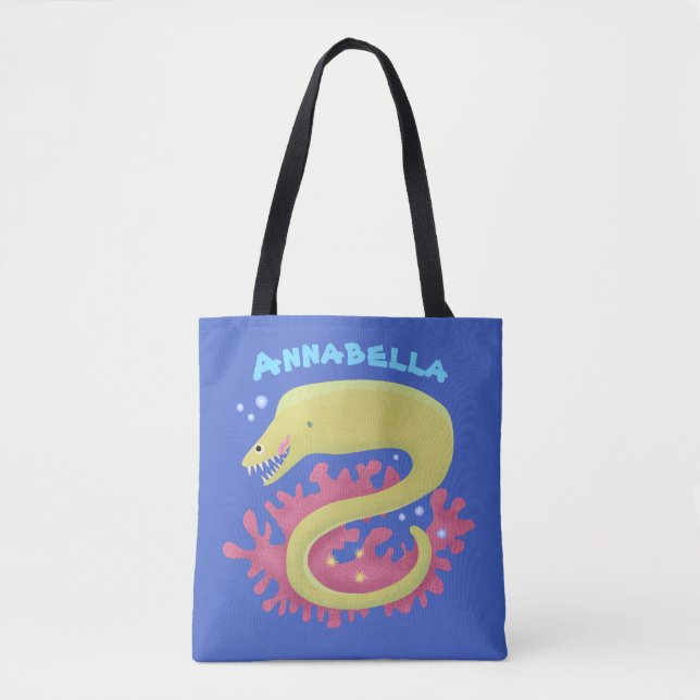 Green moray eel funny cartoon illustration tote bag (Front)