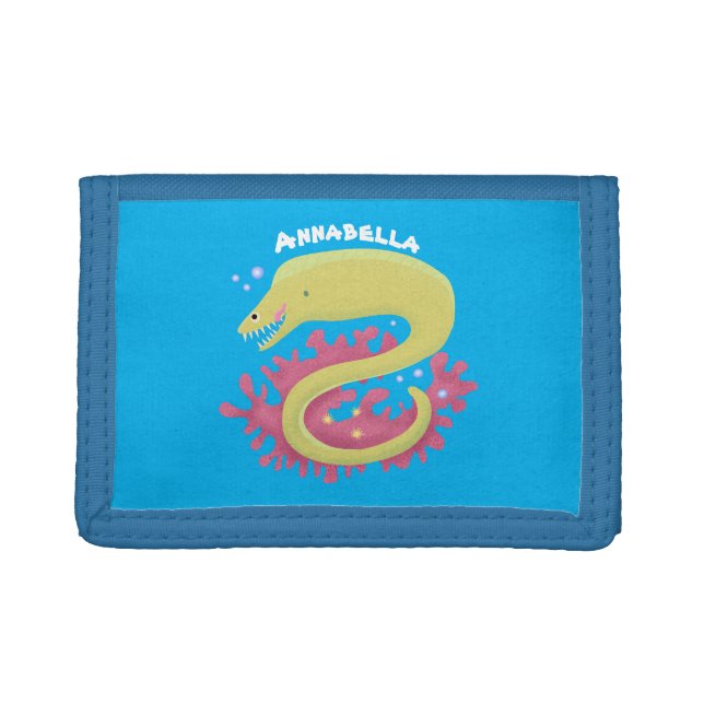 Green moray eel funny cartoon illustration trifold wallet (Front)
