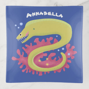 Green moray eel funny cartoon illustration trinket tray