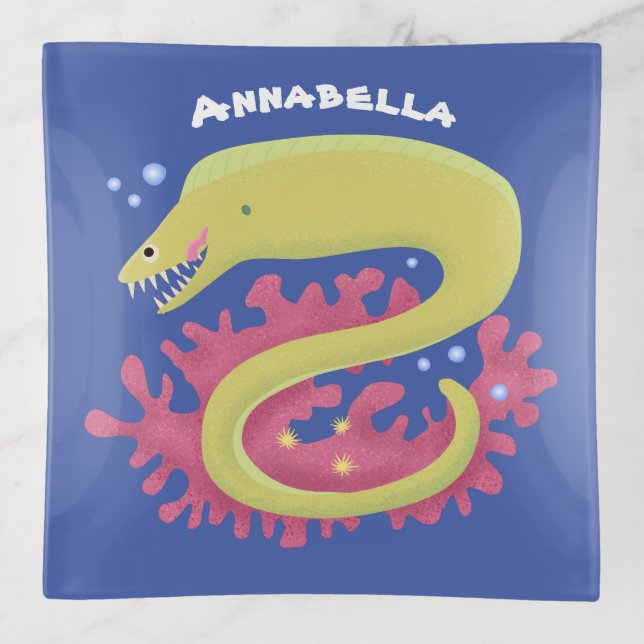 Green moray eel funny cartoon illustration trinket tray (Front)