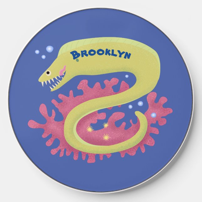 Green moray eel funny cartoon illustration wireless charger  (Front)