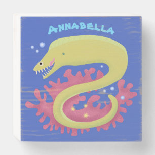 Green moray eel funny cartoon illustration wooden box sign