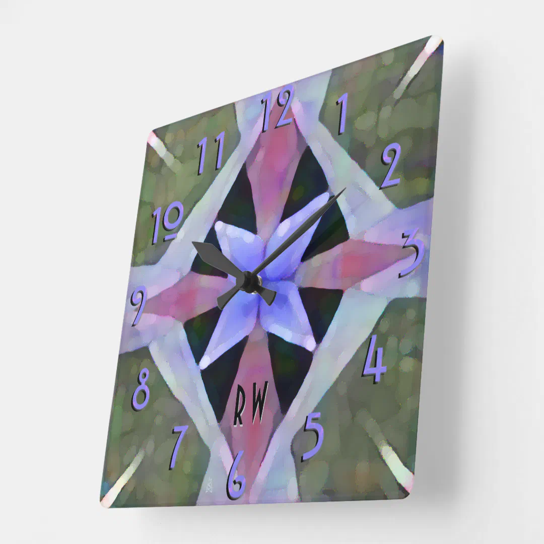 Green Moroccan Art Deco Batik Monogrammed Square Wall Clock