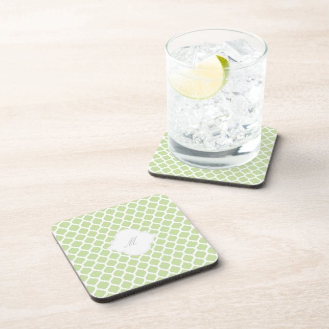 Green Moroccan Pattern with Monogram Cork Coasters (Right Side)